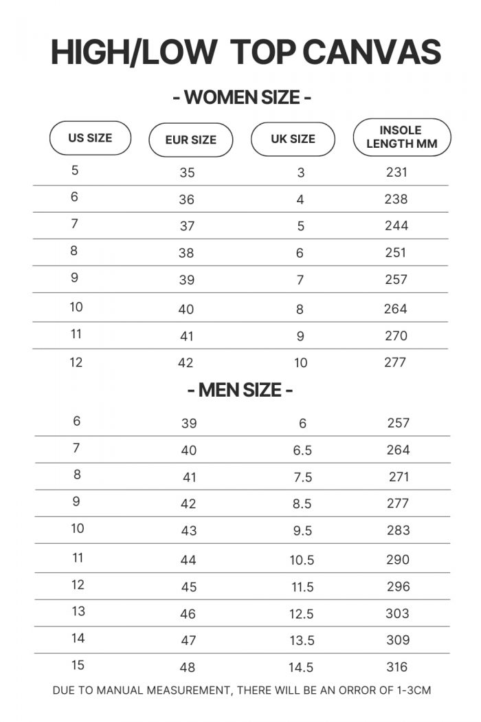 High Top Low Top Canvas Shoes Size Chart - SK8 the Infinity Store